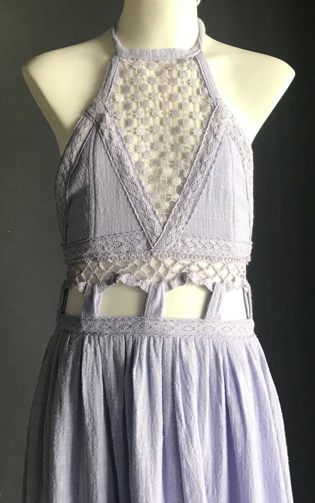 Maxi Dress ELL DESIGNS Mauve Lilac Halter Neck Lace Trim Cut Out Waist Sz 8 NEW