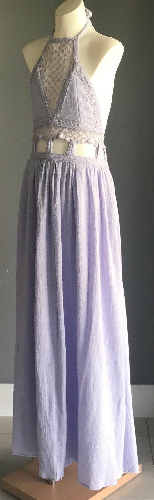 Maxi Dress ELL DESIGNS Mauve Lilac Halter Neck Lace Trim Cut Out Waist Sz 8 NEW