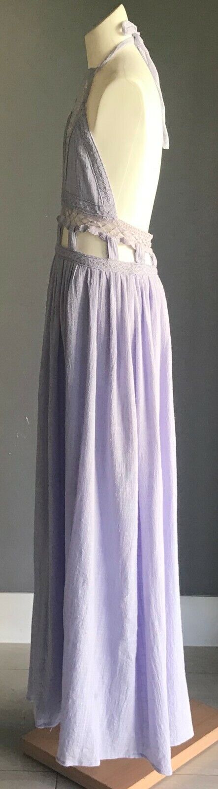 Maxi Dress ELL DESIGNS Mauve Lilac Halter Neck Lace Trim Cut Out Waist Sz 8 NEW