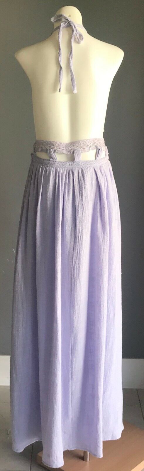 Maxi Dress ELL DESIGNS Mauve Lilac Halter Neck Lace Trim Cut Out Waist Sz 8 NEW