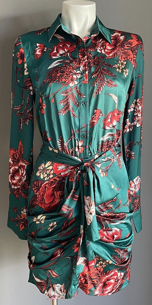 Pretty Little Things Emerald Green Floral Buttons Ruched Drape Shirt Dress Sz 8