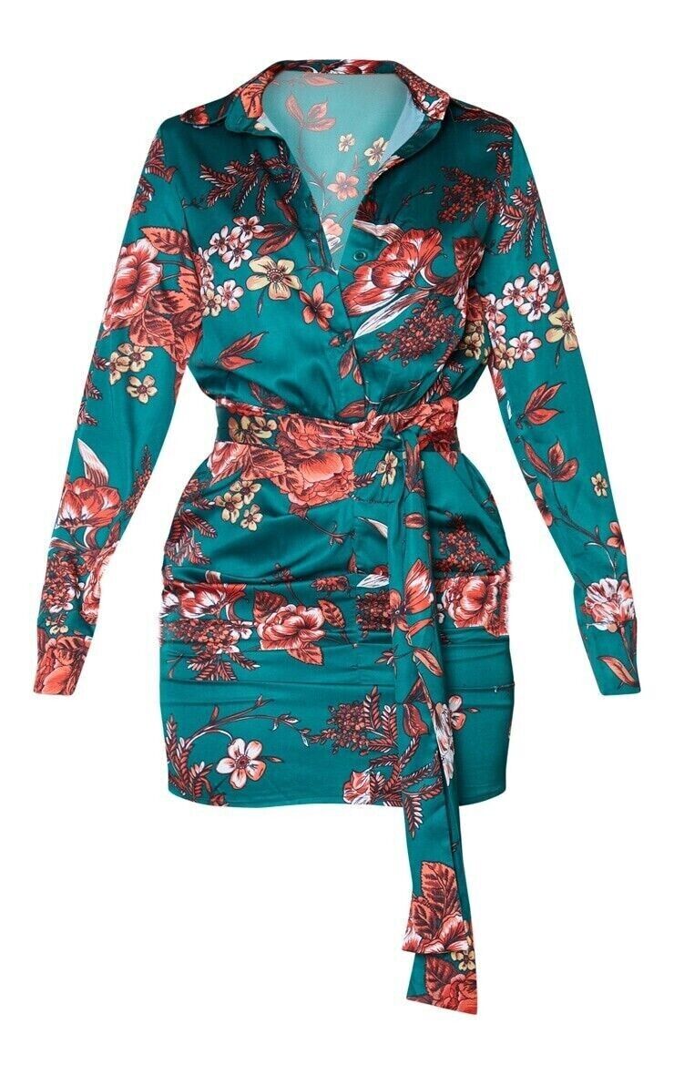 Pretty Little Things Emerald Green Floral Buttons Ruched Drape Shirt Dress Sz 8