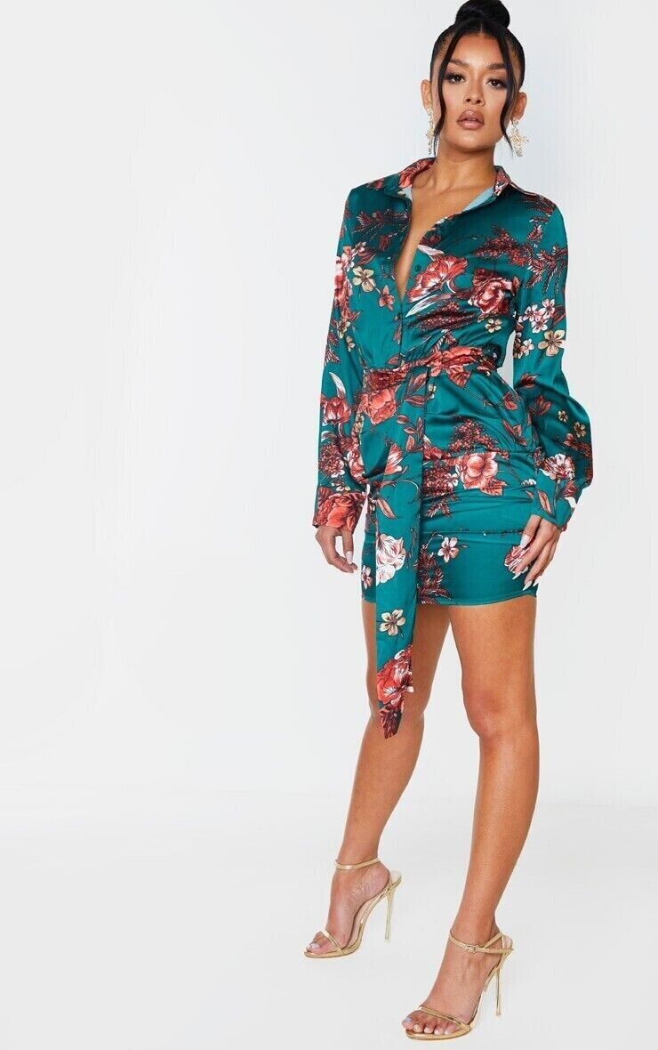 Pretty Little Things Emerald Green Floral Buttons Ruched Drape Shirt Dress Sz 8
