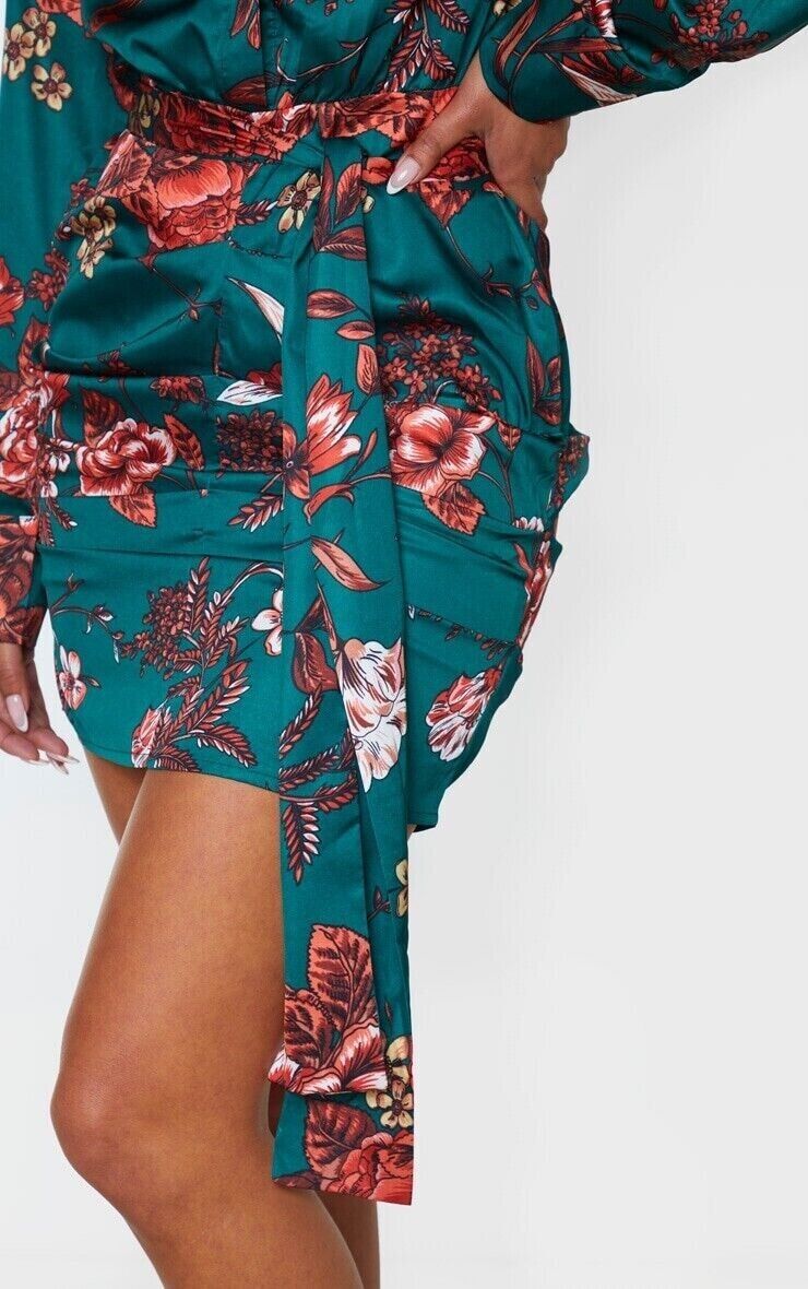 Pretty Little Things Emerald Green Floral Buttons Ruched Drape Shirt Dress Sz 8