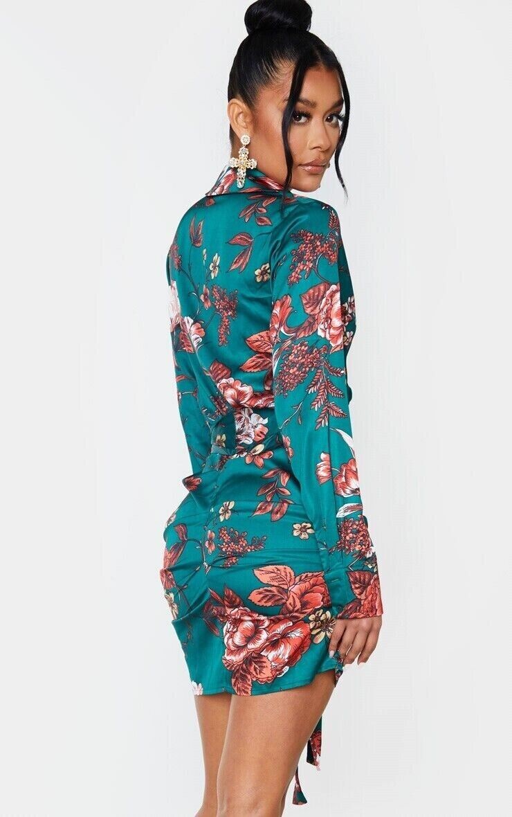 Pretty Little Things Emerald Green Floral Buttons Ruched Drape Shirt Dress Sz 8