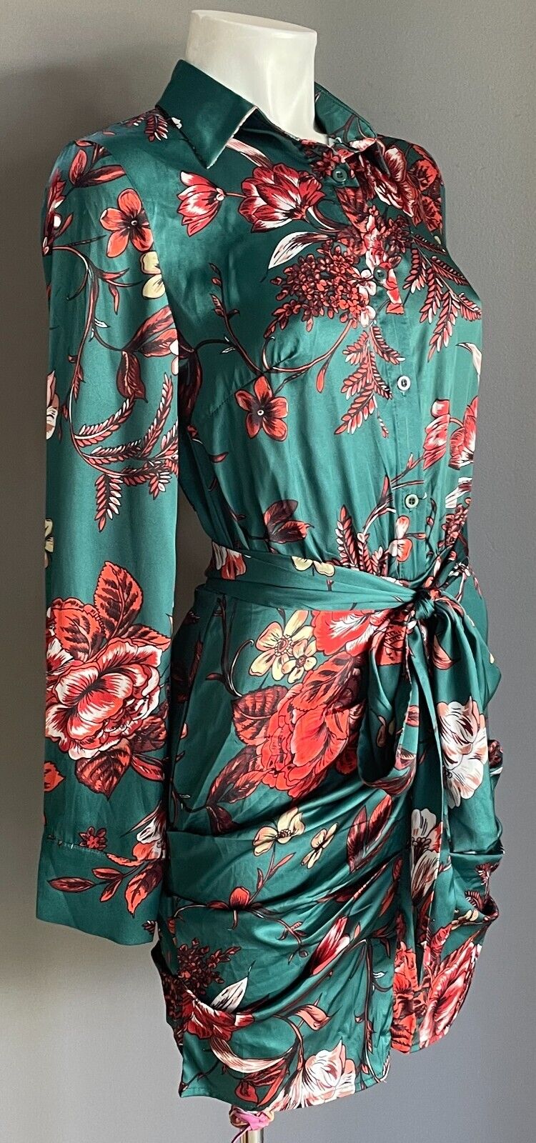 Pretty Little Things Emerald Green Floral Buttons Ruched Drape Shirt Dress Sz 8