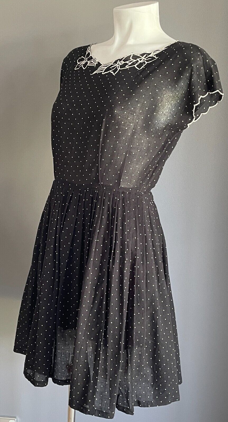 Sheath Dress Black & White Polka Dot Cotton Extended Sleeves Size 8