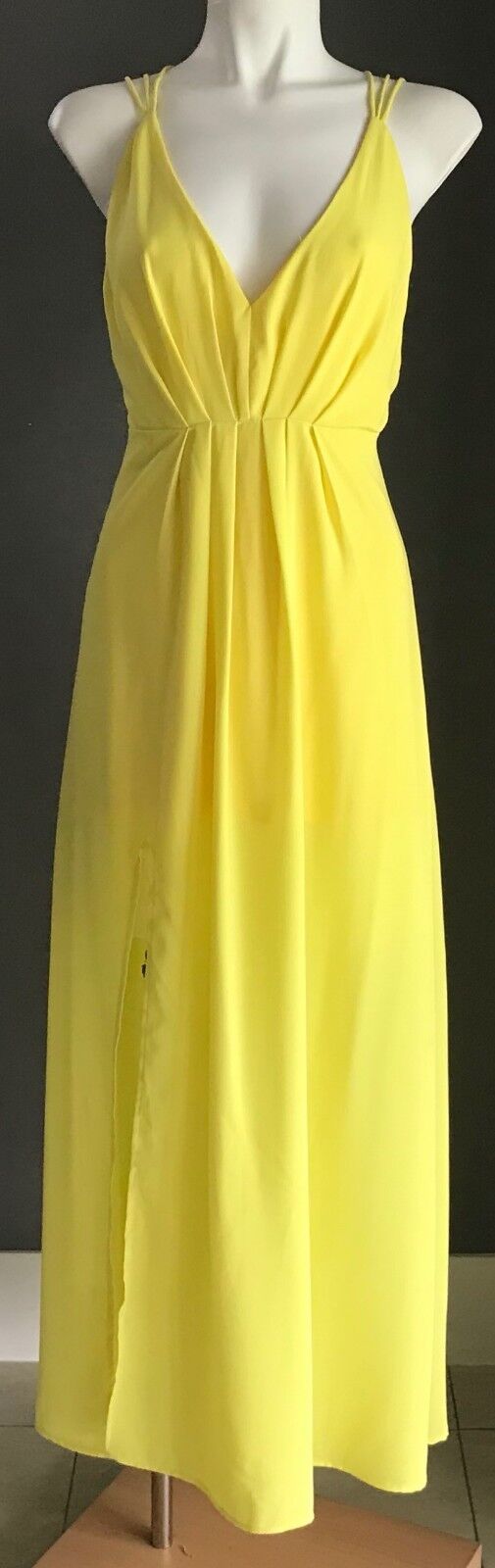 AVA Maxi Dress Yellow Sleeveless Strappy Back Side Slit Long Party Size 8 NEW