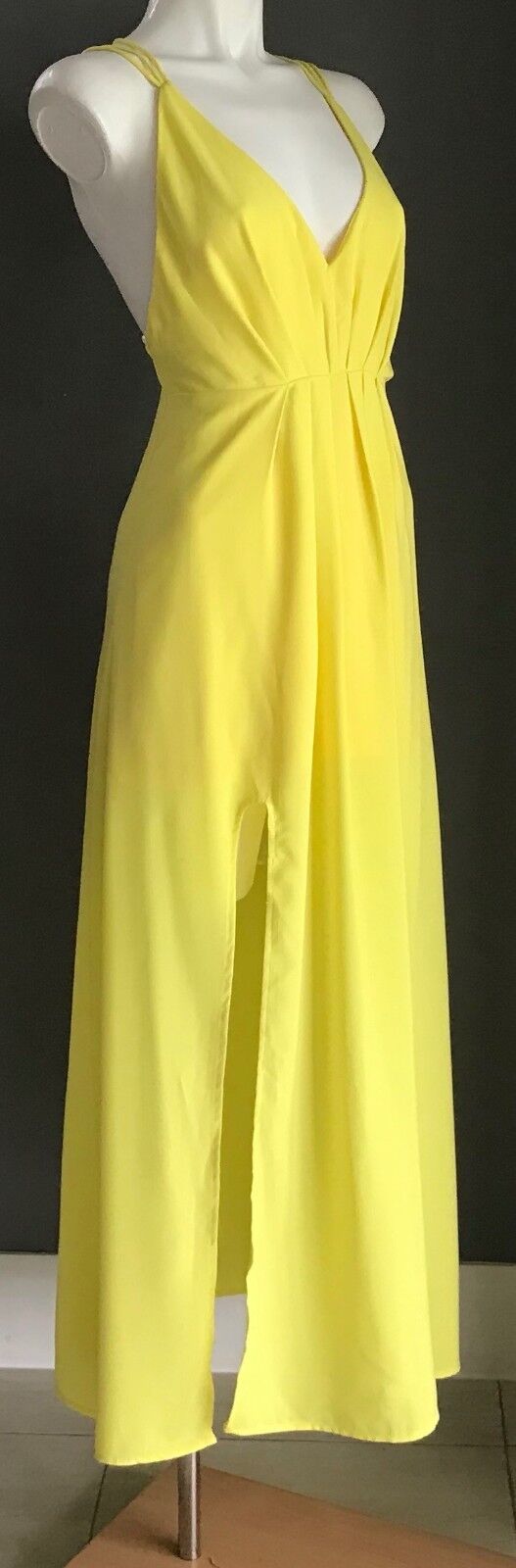 AVA Maxi Dress Yellow Sleeveless Strappy Back Side Slit Long Party Size 8 NEW