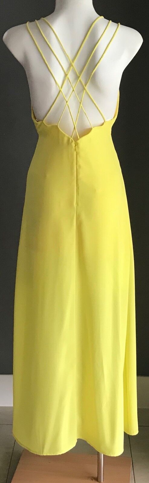 AVA Maxi Dress Yellow Sleeveless Strappy Back Side Slit Long Party Size 8 NEW