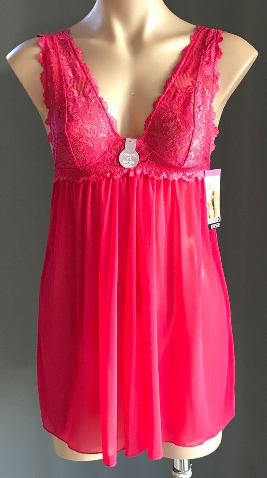 KAYSER Sexy Chemise BabyDoll Hot Pink Lace Mesh Halter Conversion Brazil Size 10