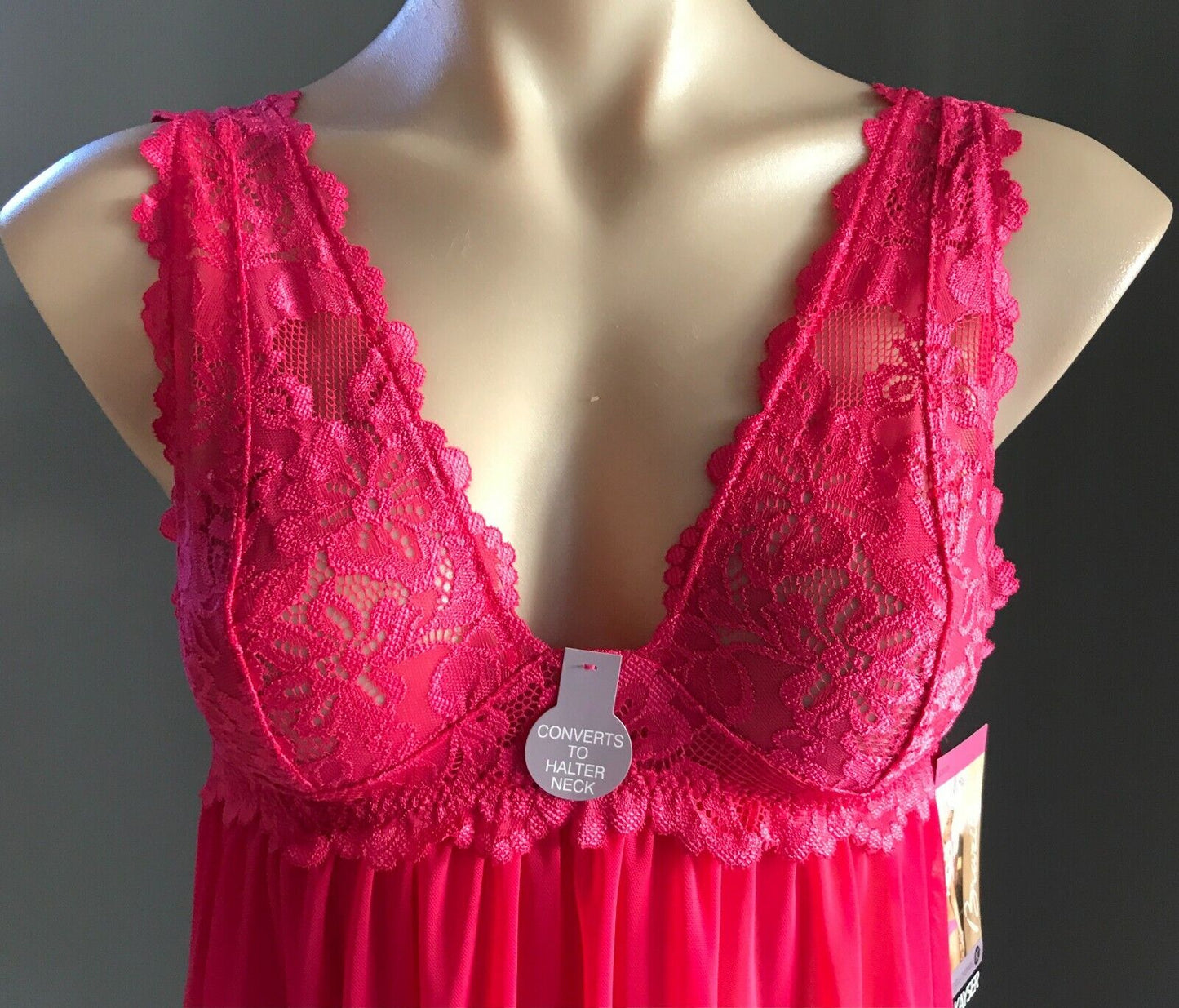 KAYSER Sexy Chemise BabyDoll Hot Pink Lace Mesh Halter Conversion Brazil Size 10