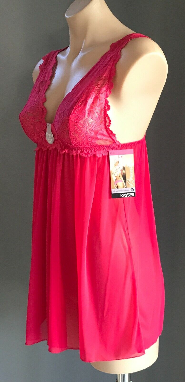 KAYSER Sexy Chemise BabyDoll Hot Pink Lace Mesh Halter Conversion Brazil Size 10