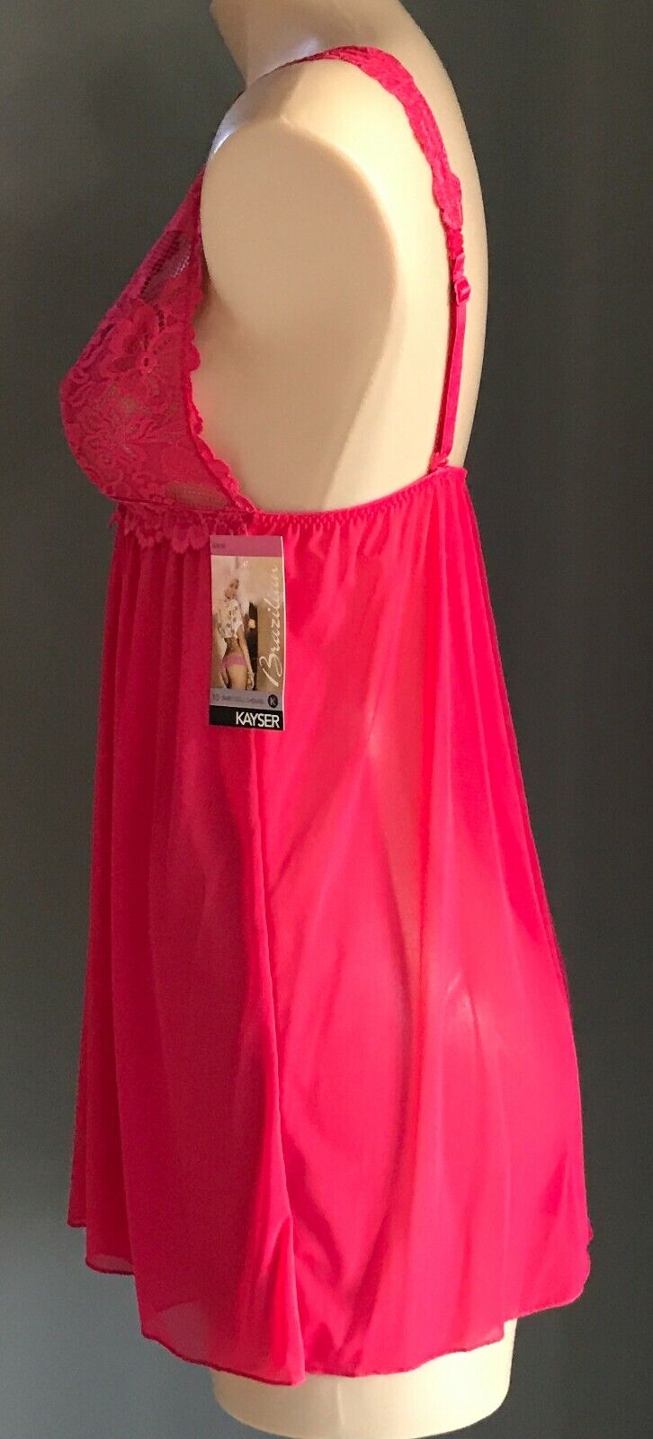 KAYSER Sexy Chemise BabyDoll Hot Pink Lace Mesh Halter Conversion Brazil Size 10