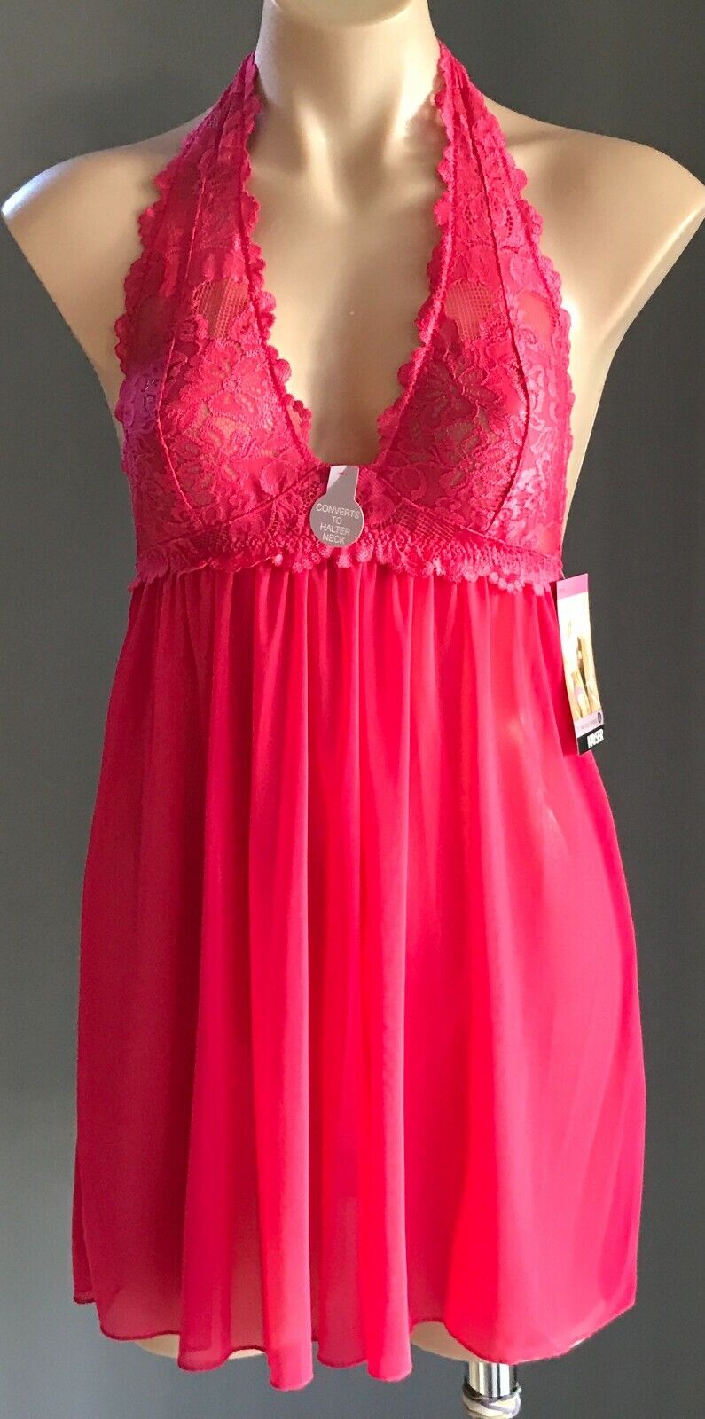 KAYSER Sexy Chemise BabyDoll Hot Pink Lace Mesh Halter Conversion Brazil Size 10