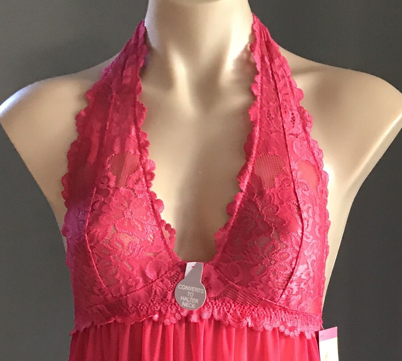 KAYSER Sexy Chemise BabyDoll Hot Pink Lace Mesh Halter Conversion Brazil Size 10