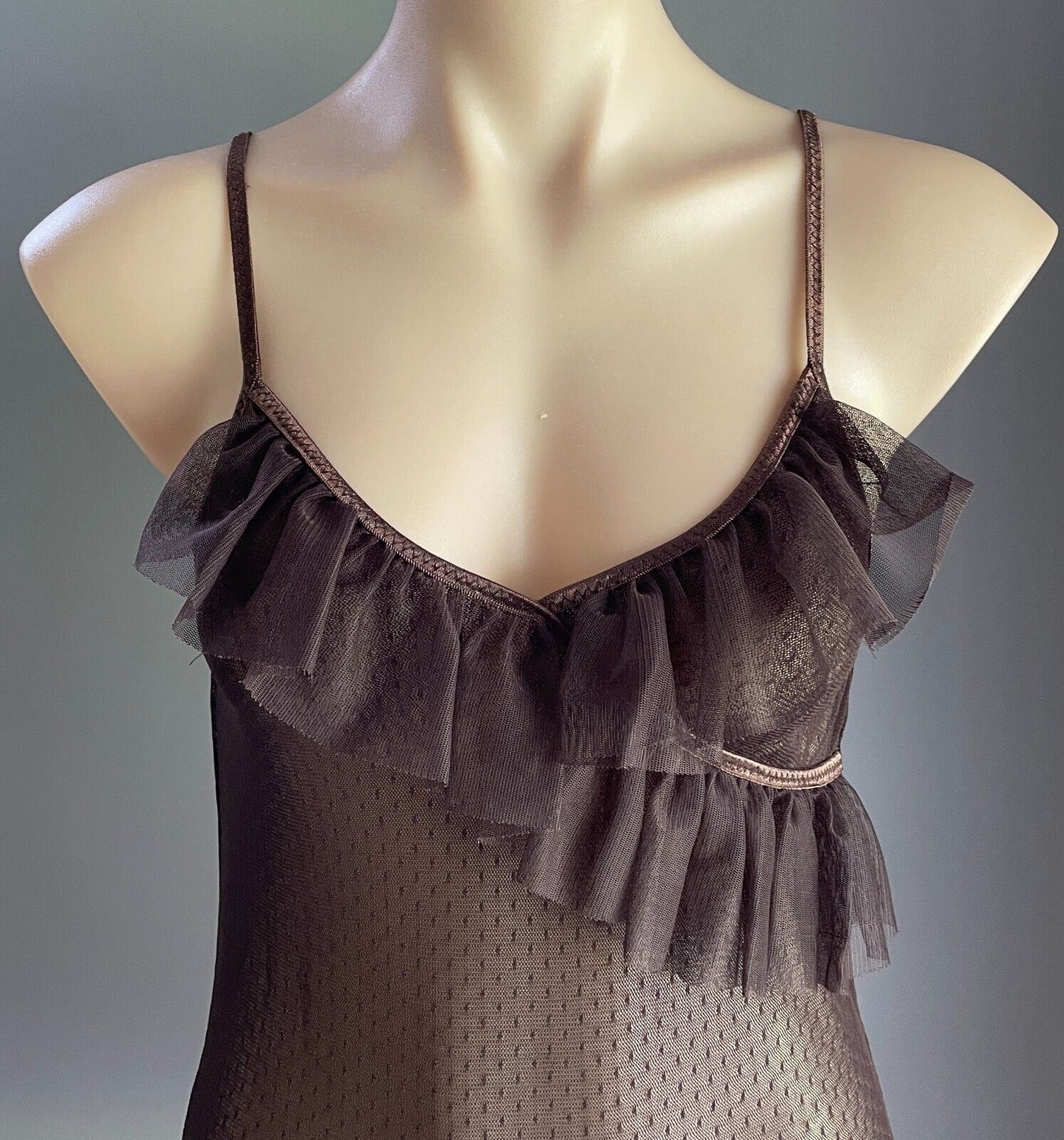 Chemise Sexy Lingerie Dobby Mesh Net Brown Sheer Ruffle Trim Size 10/12