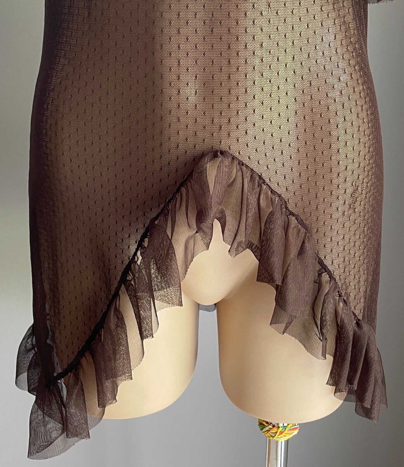 Chemise Sexy Lingerie Dobby Mesh Net Brown Sheer Ruffle Trim Size 10/12