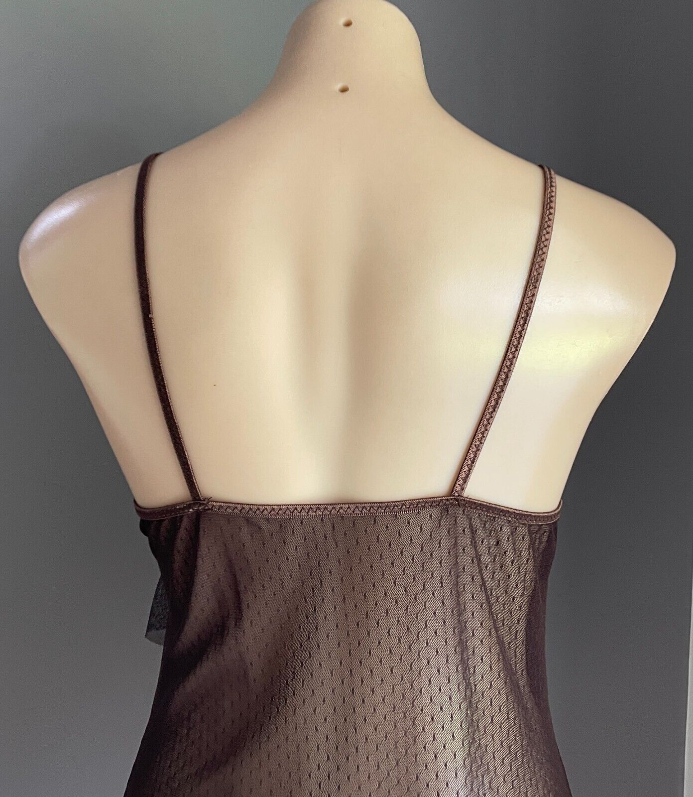 Chemise Sexy Lingerie Dobby Mesh Net Brown Sheer Ruffle Trim Size 10/12
