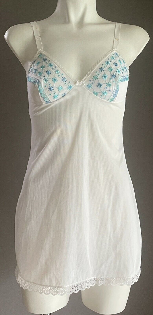 Chemise Camisole White Self Stripe Fabric Blue Floral Trim Size 6  8 Vintage