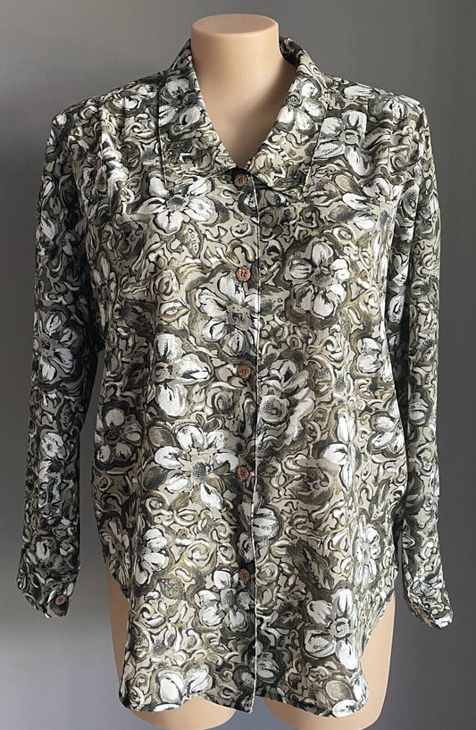 Vtg MGC COLLECTION Blouse Khaki Black White Floral Button Front Shirt Top Sz 20