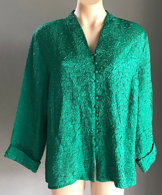 DRESS CO Over Shirt Green Textured Crinkle Fabric 3/4 Sleeve Top Plus Size 20