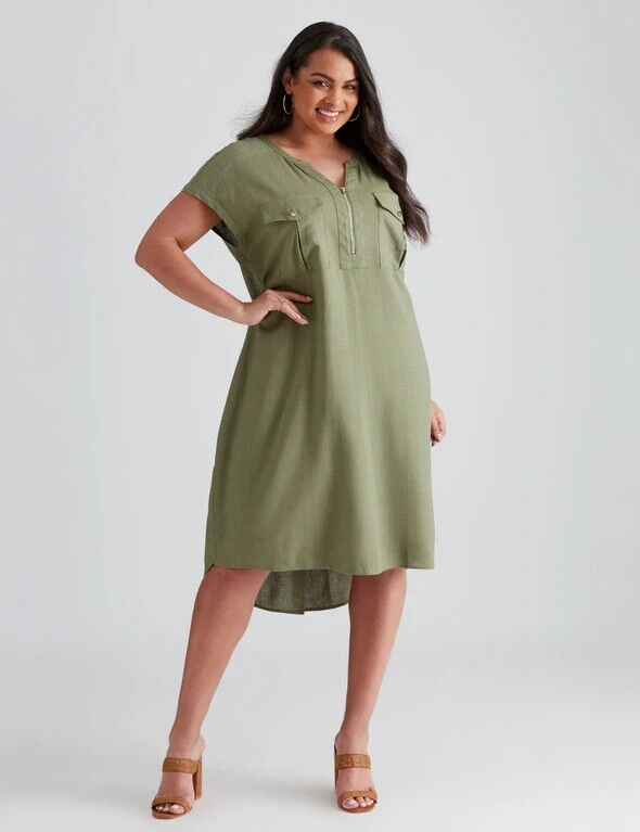 BEME Hi-Lo Dress Khaki Extended Sleeve Linen Blend Zip Front Pocket Size 20