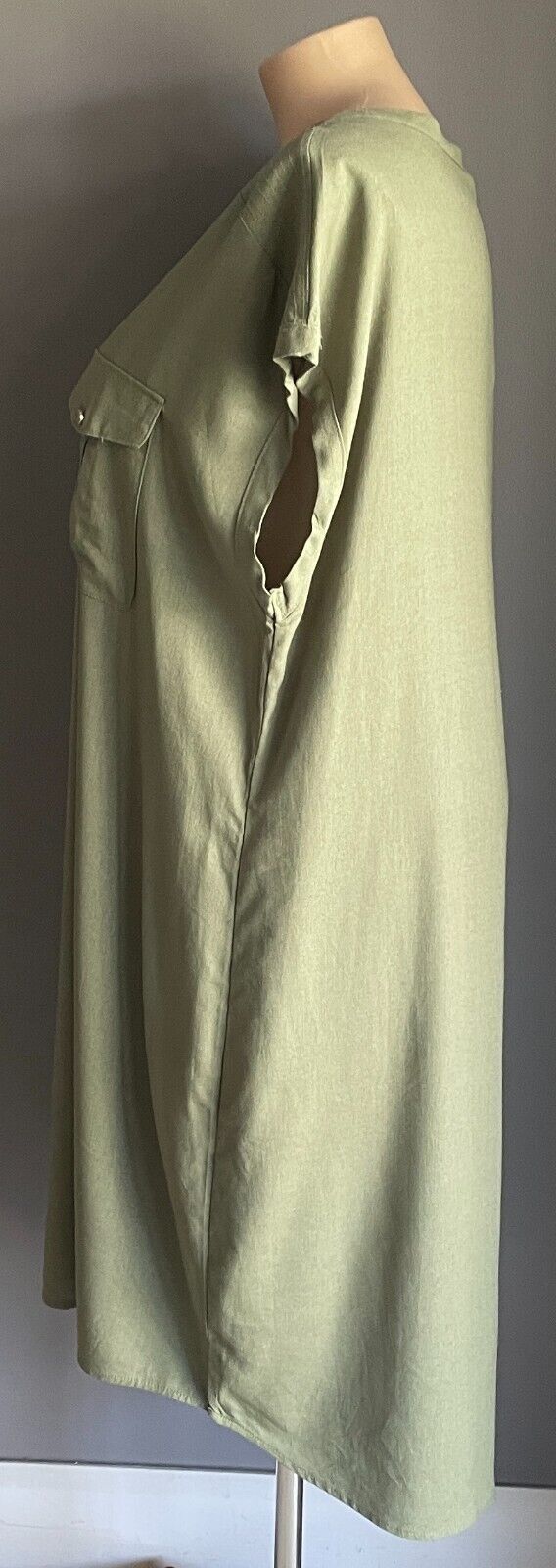 BEME Hi-Lo Dress Khaki Extended Sleeve Linen Blend Zip Front Pocket Size 20