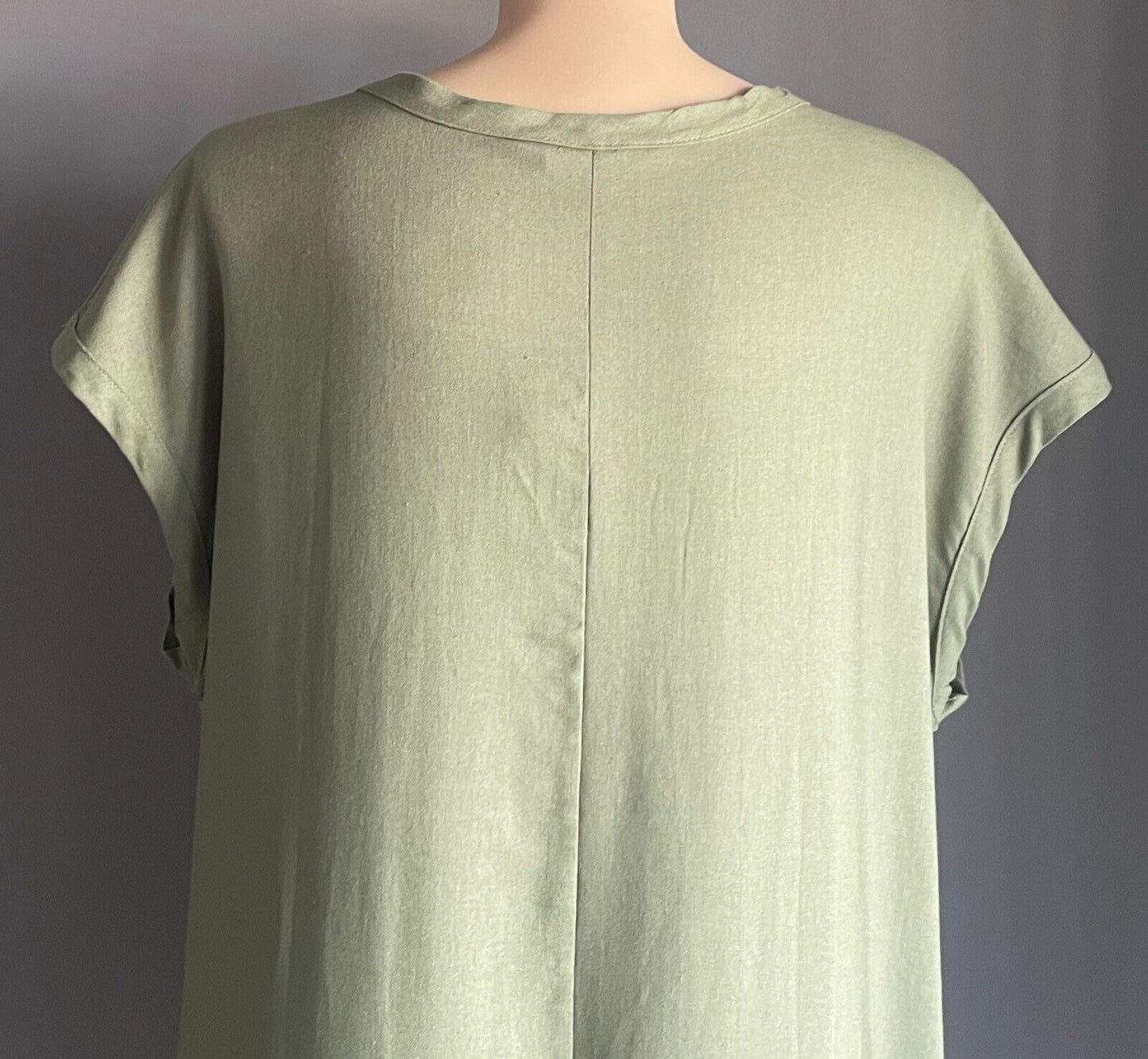 BEME Hi-Lo Dress Khaki Extended Sleeve Linen Blend Zip Front Pocket Size 20