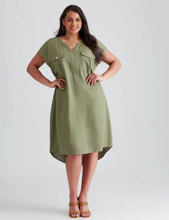 BEME Hi-Lo Dress Khaki Extended Sleeve Linen Blend Zip Front Pocket Size 20