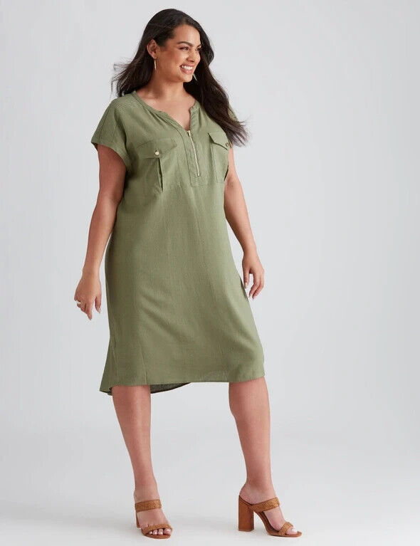 BEME Hi-Lo Dress Khaki Extended Sleeve Linen Blend Zip Front Pocket Size 20