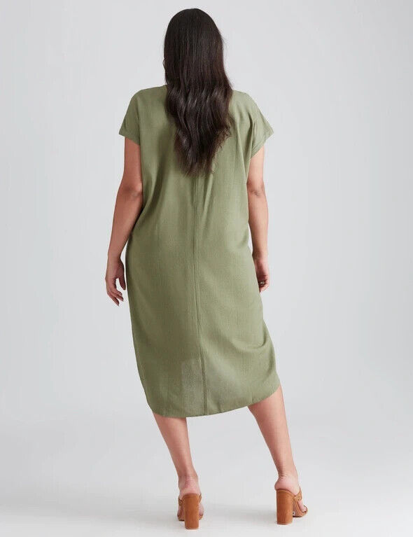 BEME Hi-Lo Dress Khaki Extended Sleeve Linen Blend Zip Front Pocket Size 20
