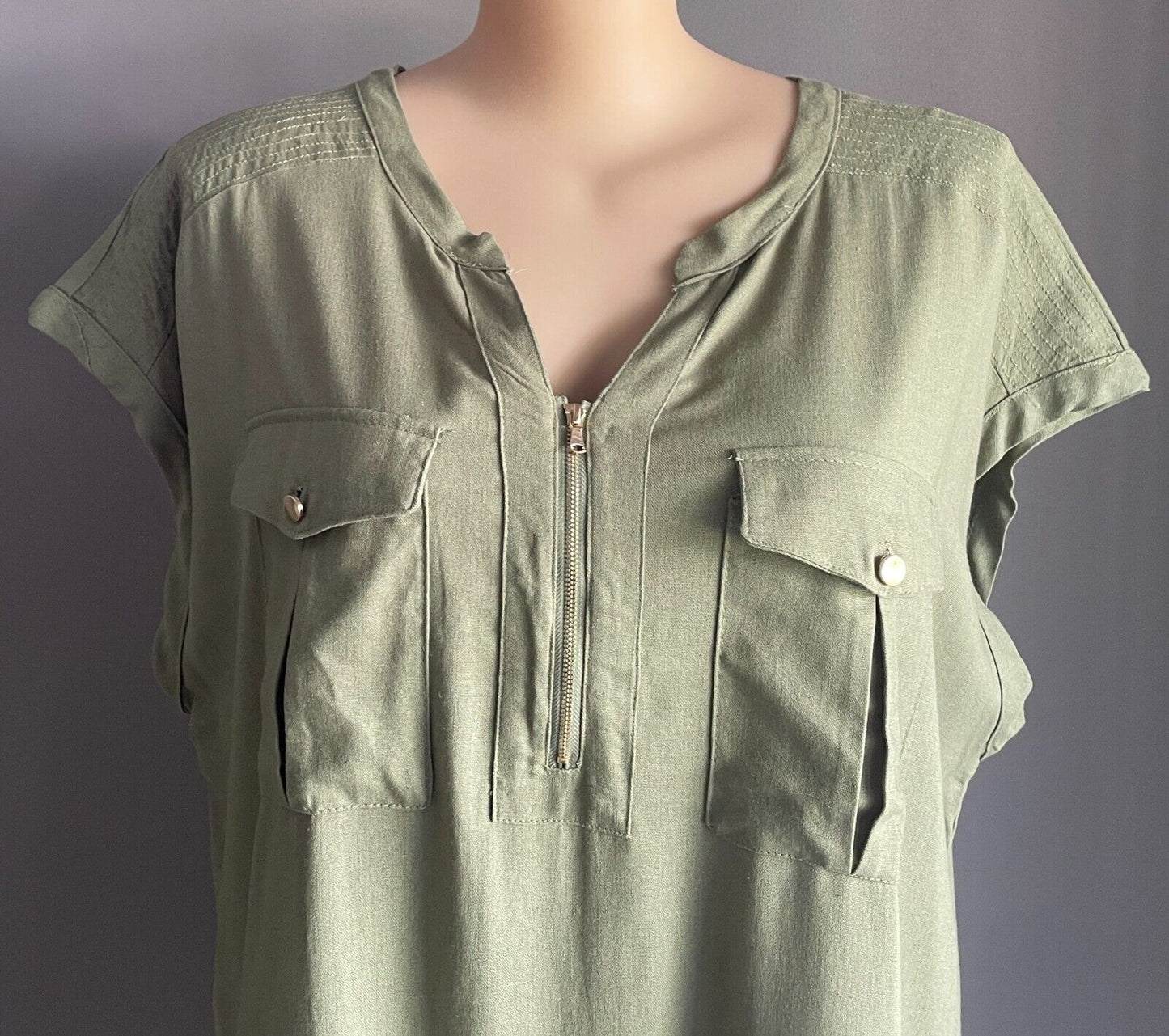 BEME Hi-Lo Dress Khaki Extended Sleeve Linen Blend Zip Front Pocket Size 20