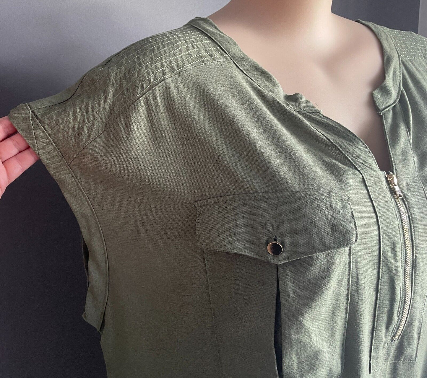BEME Hi-Lo Dress Khaki Extended Sleeve Linen Blend Zip Front Pocket Size 20