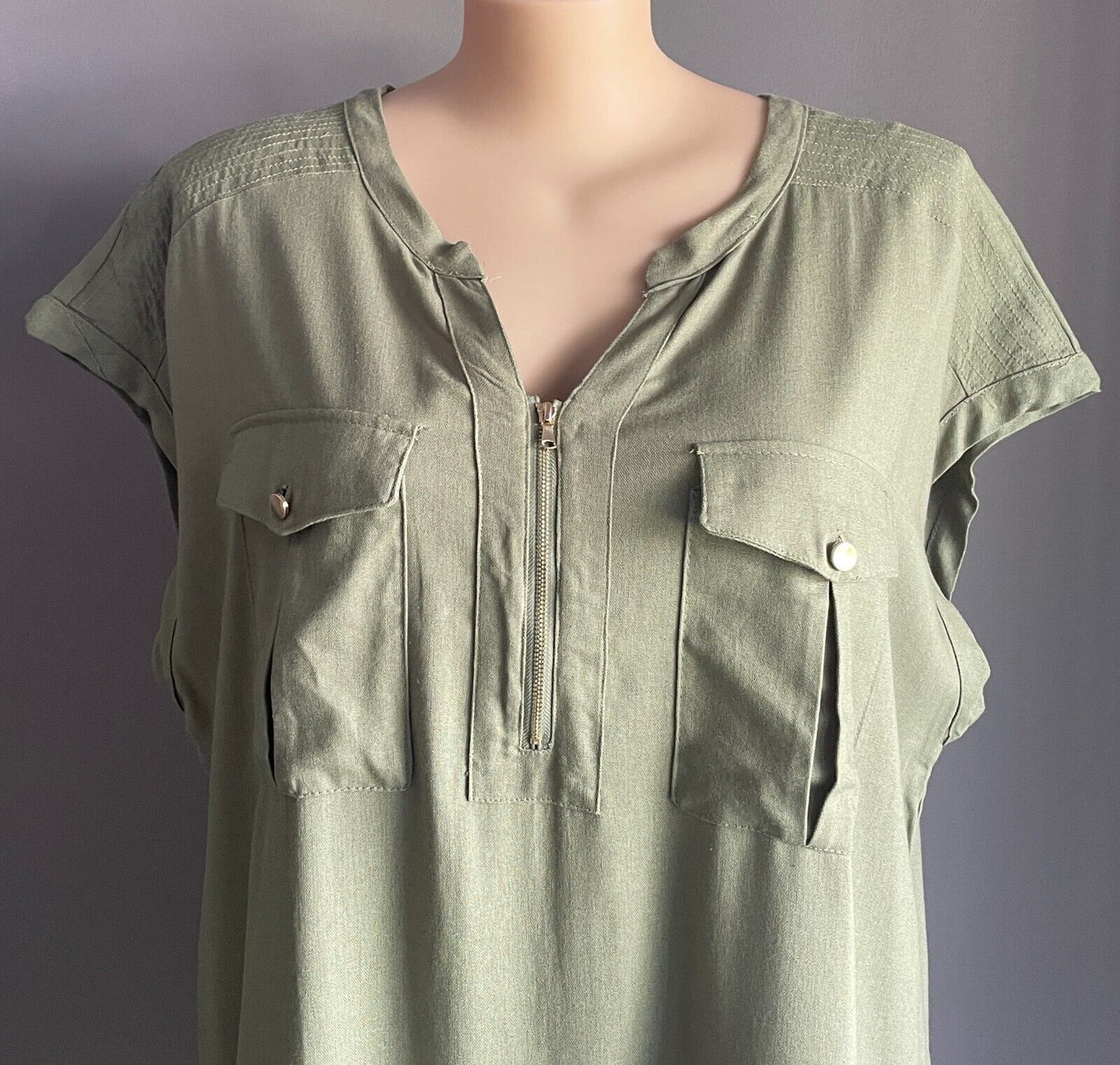 BEME Hi-Lo Dress Khaki Extended Sleeve Linen Blend Zip Front Pocket Size 20