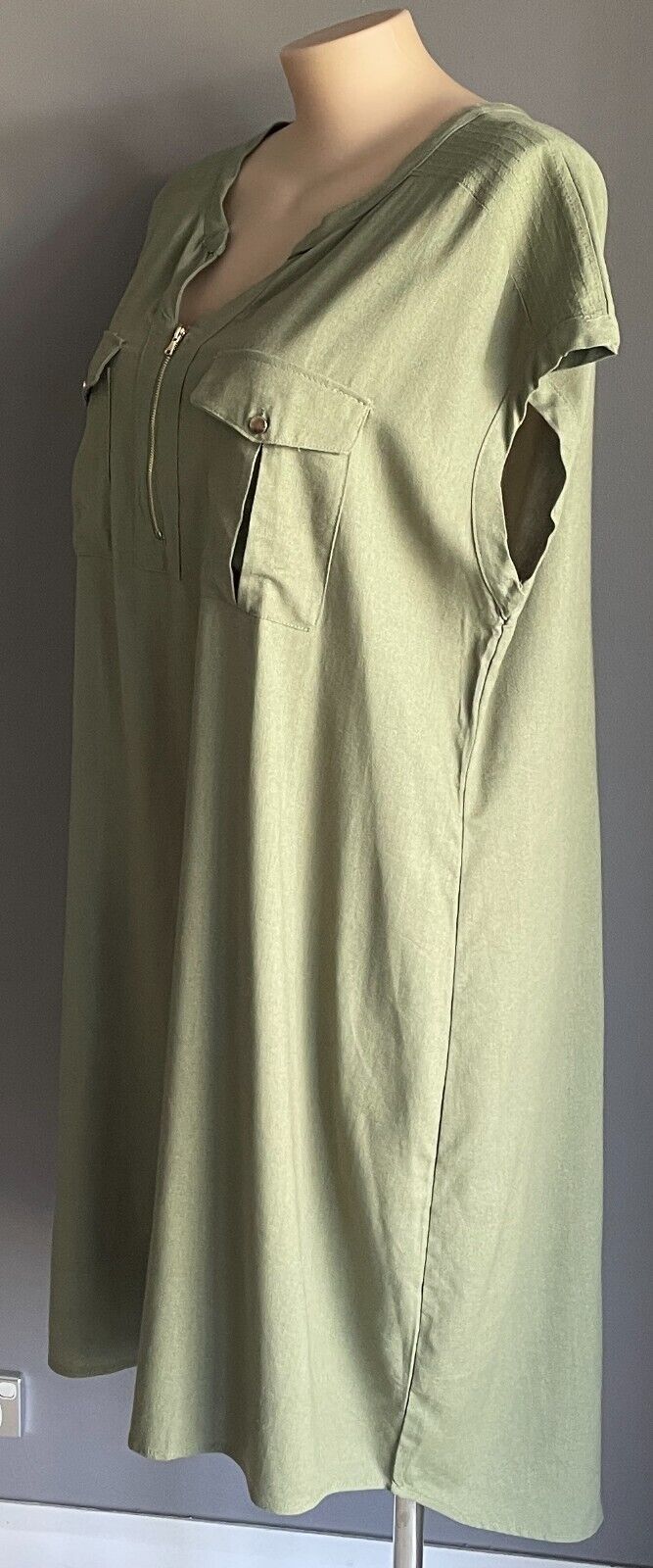 BEME Hi-Lo Dress Khaki Extended Sleeve Linen Blend Zip Front Pocket Size 20