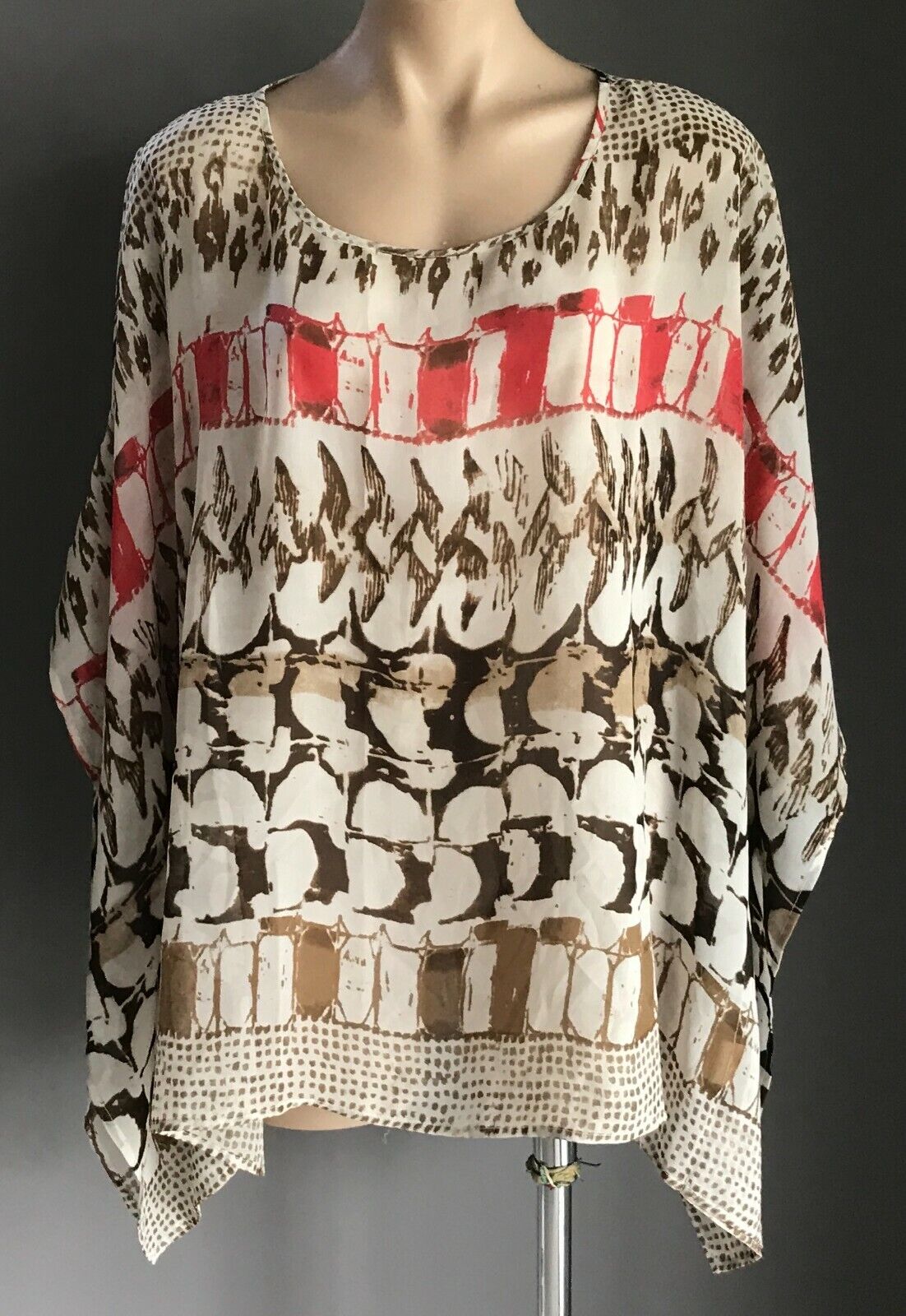 SARA Top Semi Sheer Khaki Brown Off White Coral Print Kaftan Blouse Sz 3X 24