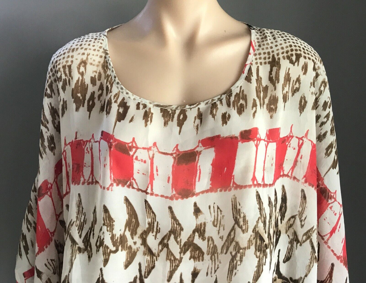 SARA Top Semi Sheer Khaki Brown Off White Coral Print Kaftan Blouse Sz 3X 24