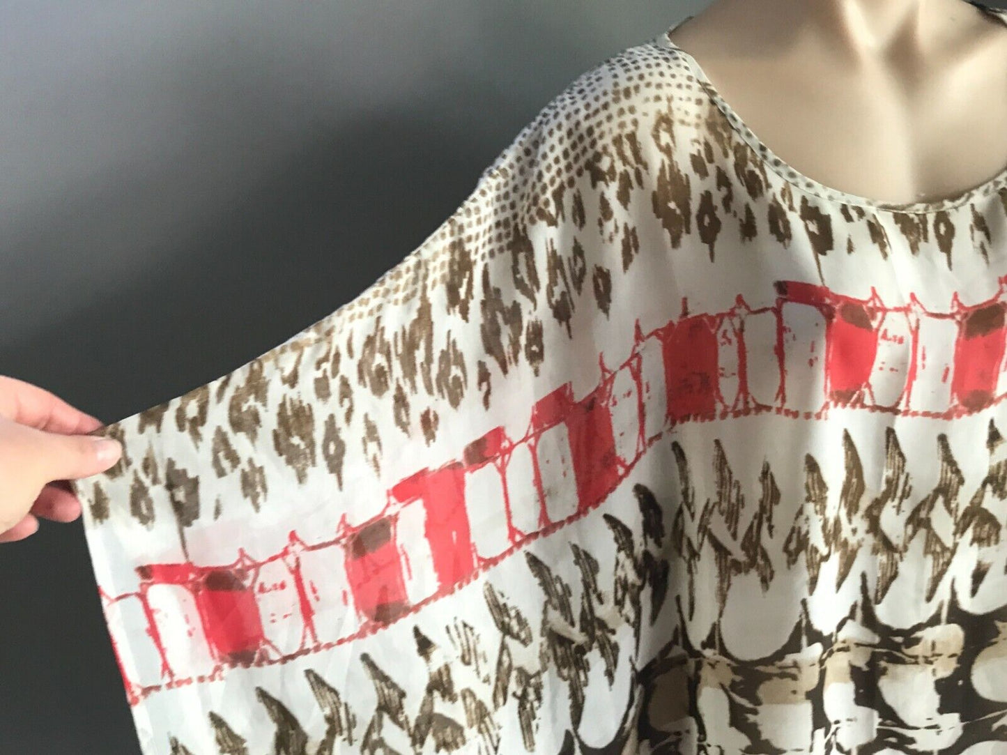 SARA Top Semi Sheer Khaki Brown Off White Coral Print Kaftan Blouse Sz 3X 24