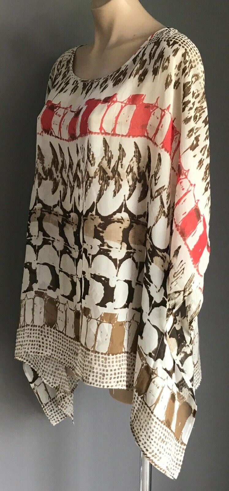 SARA Top Semi Sheer Khaki Brown Off White Coral Print Kaftan Blouse Sz 3X 24