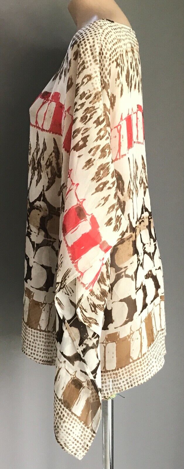 SARA Top Semi Sheer Khaki Brown Off White Coral Print Kaftan Blouse Sz 3X 24
