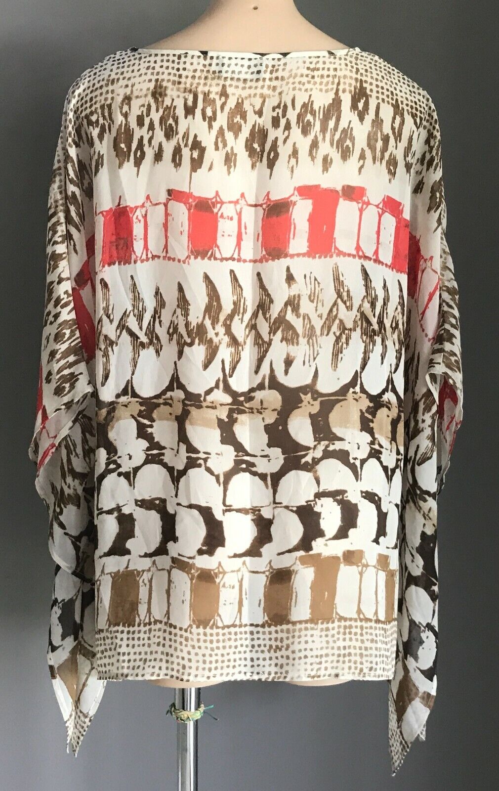 SARA Top Semi Sheer Khaki Brown Off White Coral Print Kaftan Blouse Sz 3X 24