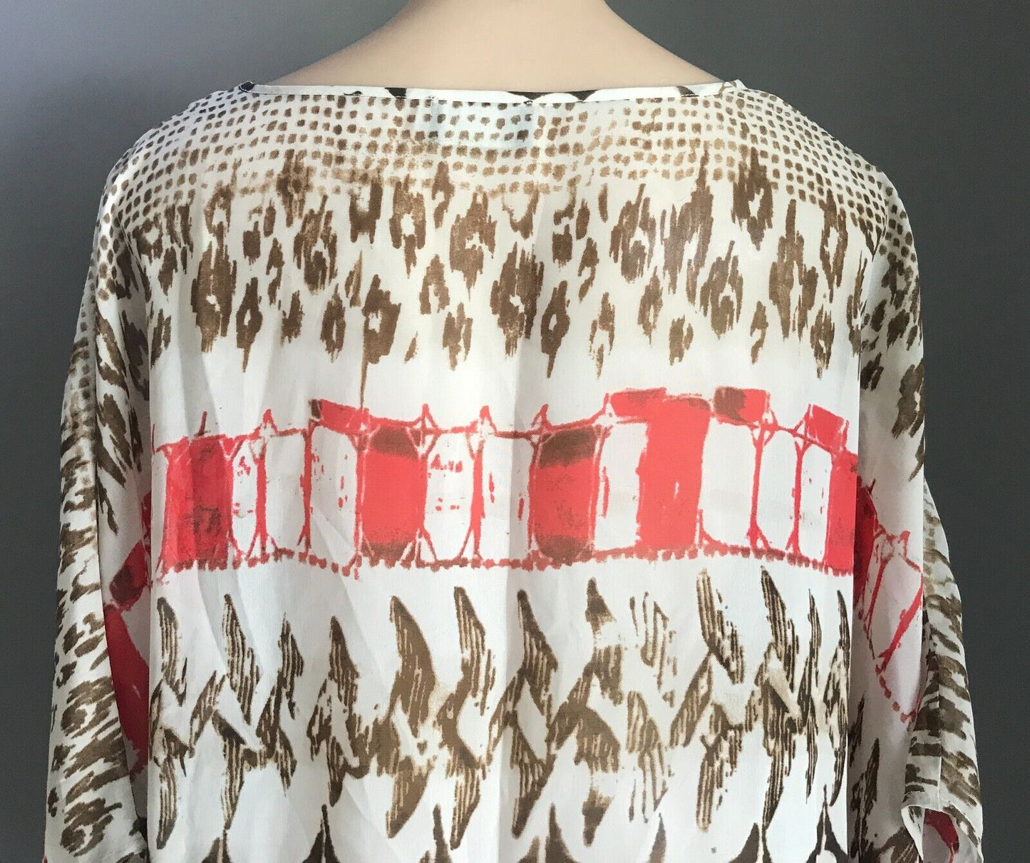 SARA Top Semi Sheer Khaki Brown Off White Coral Print Kaftan Blouse Sz 3X 24