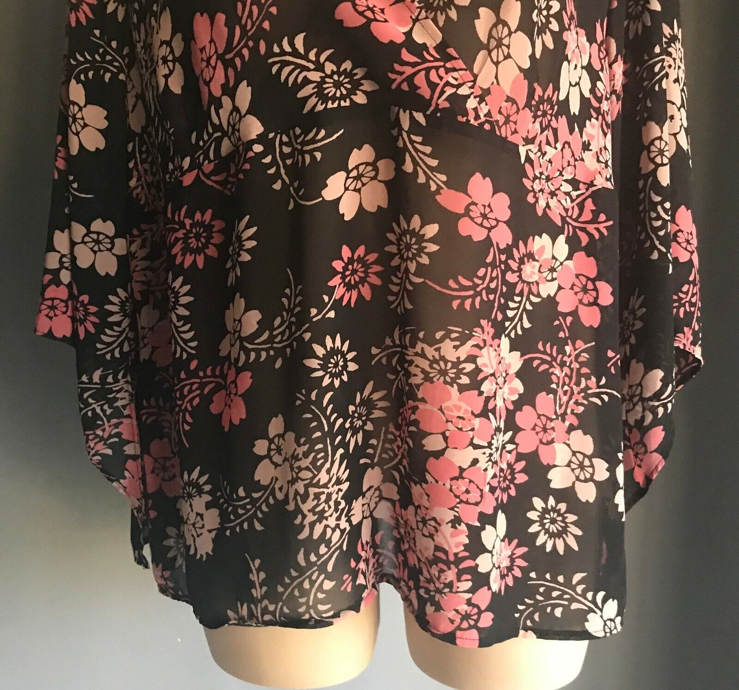 EXPRESSION V Neck Top Black Pink Blush 3/4 Sleeve Semi Sheer Cross Over Size 26