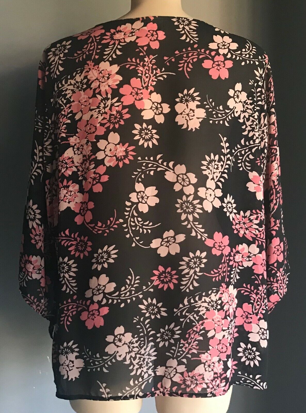 EXPRESSION V Neck Top Black Pink Blush 3/4 Sleeve Semi Sheer Cross Over Size 26