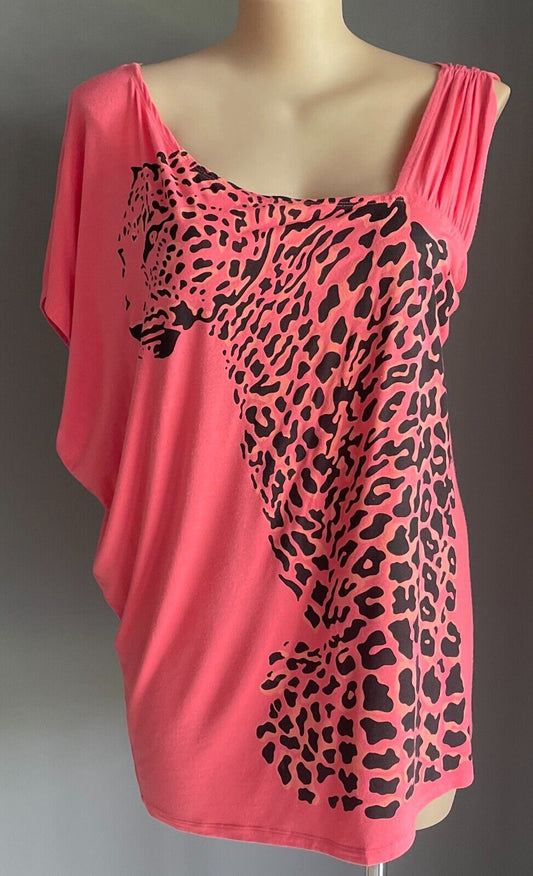 LILLY & LOU Top Coral Red Leopard Print One Shoulder Tunic Blouse Plus Size 22