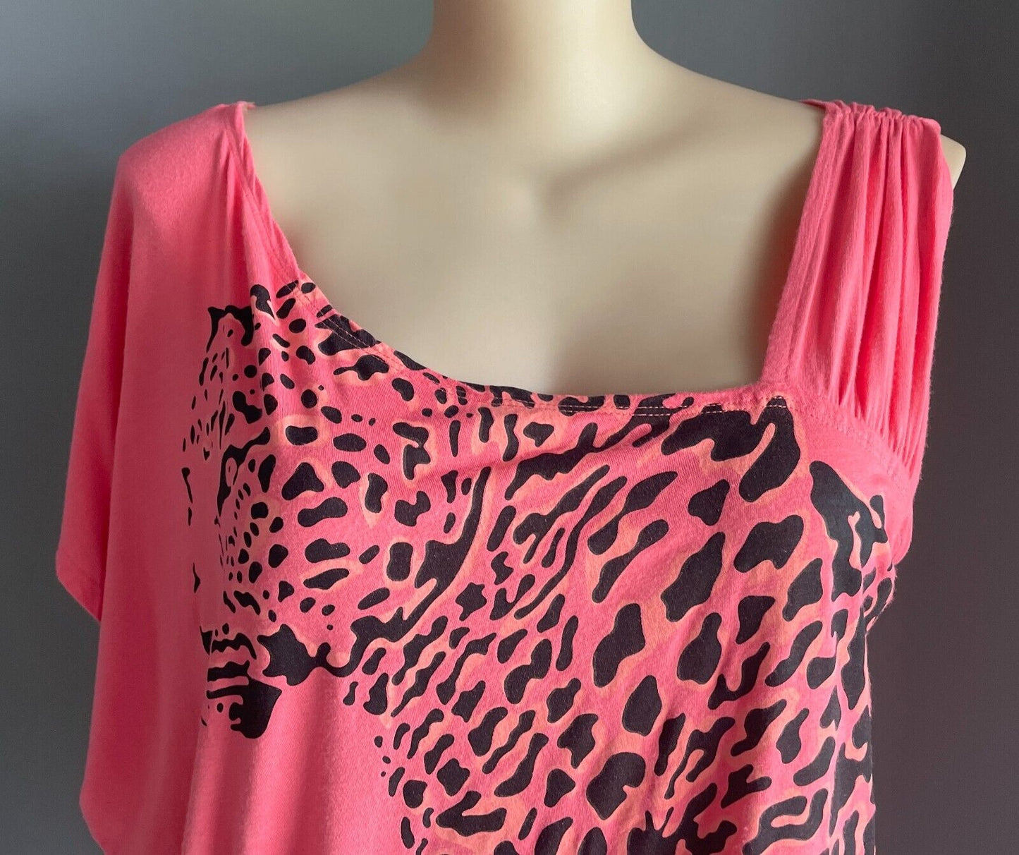 LILLY & LOU Top Coral Red Leopard Print One Shoulder Tunic Blouse Plus Size 22