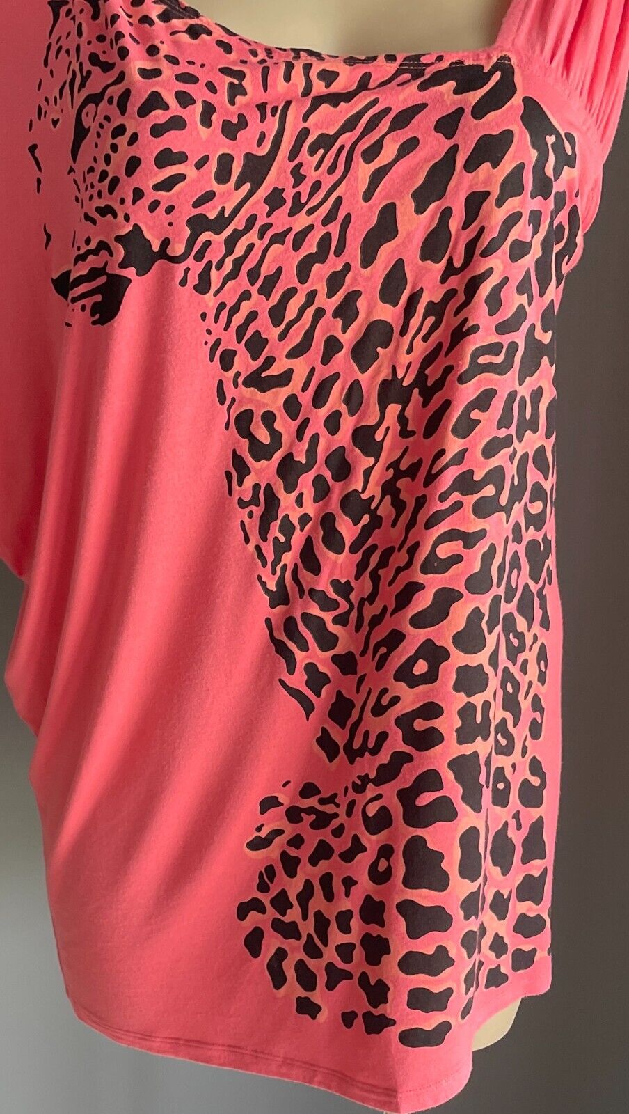 LILLY & LOU Top Coral Red Leopard Print One Shoulder Tunic Blouse Plus Size 22