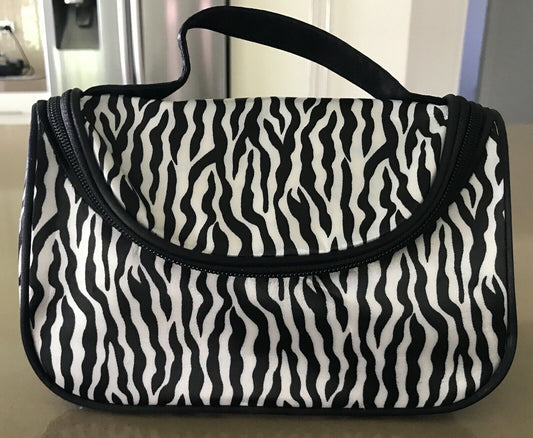 Makeup Bag Wet Pack Black & White Zebra PVC Fabric w Handle & Small Mirror NEW