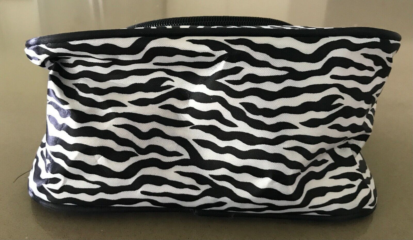 Makeup Bag Wet Pack Black & White Zebra PVC Fabric w Handle & Small Mirror NEW